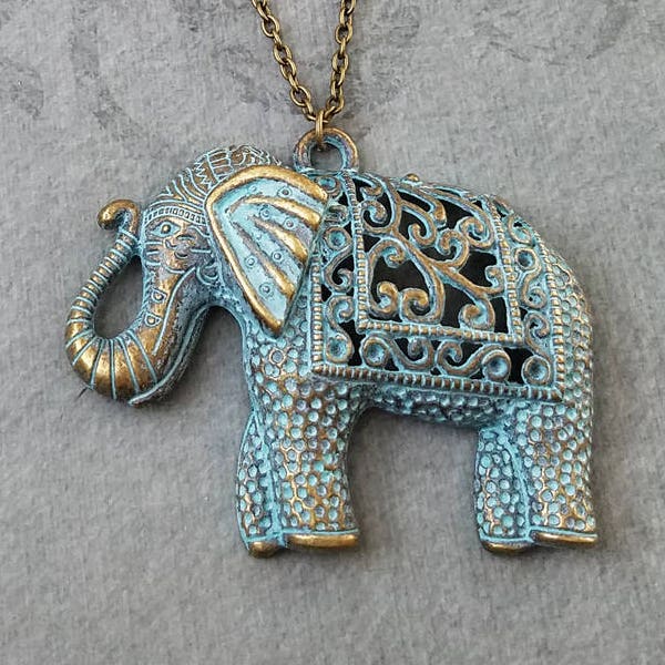 Elephant Necklace LARGE Blue Patina Elephant Jewelry Filigree Elephant Charm Necklace Indian Elephant Pendant Necklace Bridesmaid Necklace