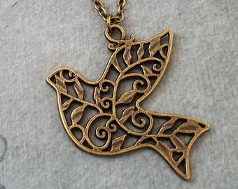 Bird Necklace Filigree Bird Charm Necklace Brass Bird Jewelry Bronze Bird Pendant Necklace Gift For Her Women's Jewelry Animal Necklace