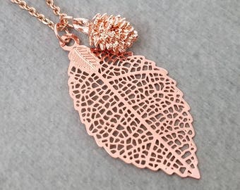 Leaf Necklace Rose Gold Necklace Rose Gold Jewelry Pine Cone Necklace Pendant Necklace Bridesmaid Necklace Leaf Charm Necklace Girlfriend