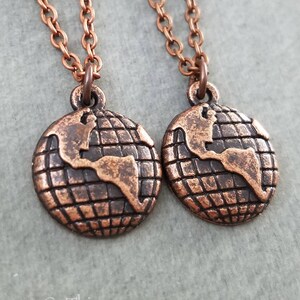 Globe Necklace SET of 2 Copper Globe Charm Necklaces Best Friend Necklace Friendship Jewelry Travel Jewelry Moving Gift Graduation Gift