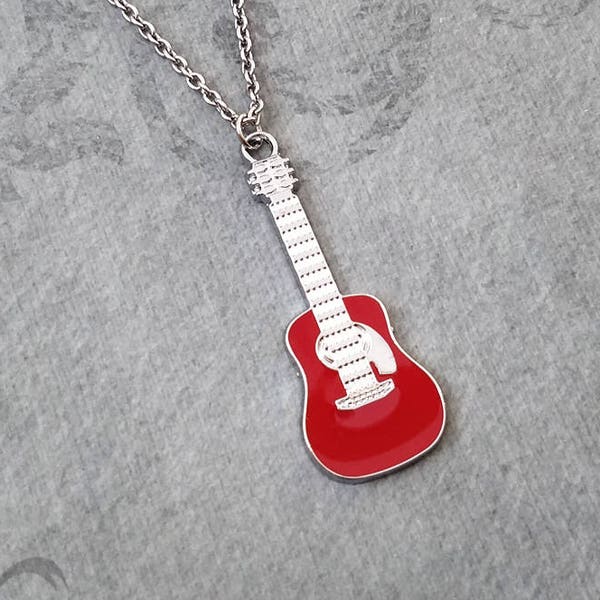 Guitar Necklace Red Guitar Jewelry Girl Guitarist Necklace Enamel Guitar Charm Necklace Guitar Pendant Boyfriend Necklace Musician Gift