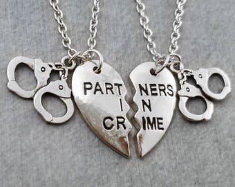 Partners in Crime Necklace SET of 2 Split Heart Necklaces Handcuffs Necklace Sisters Jewelry Best Friend Necklace Friendship Jewelry Gift