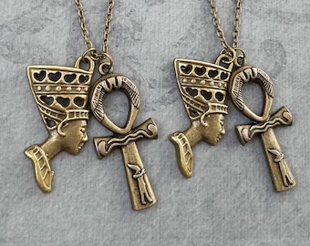 Nefertiti Necklace SET of 2 Ankh Necklaces Nefertiti Charm Necklace Pendant Bronze Necklace Best Friend Necklace Friendship Necklaces Gift