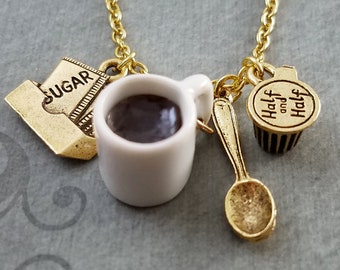 Coffee Necklace SMALL Cup of Coffee Spoon Charm Necklace Cream and Sugar Pendant Necklace Gift for Mom Coffee Jewelry Bridesmaid Necklace