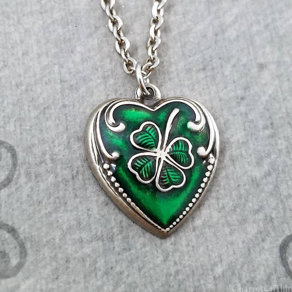 Clover Necklace Four Leaf Clover Jewelry Irish Necklace St Patrick's Day Gift Charm Necklace Green Heart Pendant Lucky Jewelry Irish Jewelry