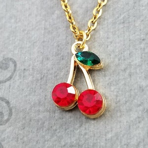 Cherry Necklace Cherries Necklace Cherry Charm Necklace Cherry Pendant Necklace Cherry Jewelry Bridesmaid Necklace Red Rhinestones Necklace