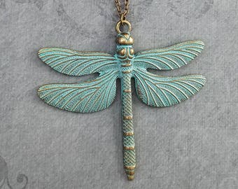 Dragonfly Necklace LARGE Bronze Dragonfly Pendant Necklace Patina Jewelry Dragonfly Charm Necklace Insect Jewelry Boho Jewelry Bohemian Gift