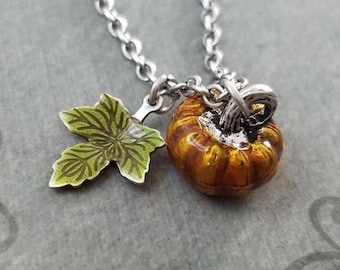 Pumpkin Necklace Orange Pumpkin Charm Necklace Green Maple Leaf Necklace Leaf Jewelry Autumn Jewelry Fall Jewelry Halloween Necklace Gift