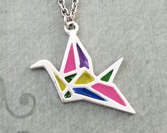 Origami Crane Necklace Paper Crane Jewelry Geometric Necklace Stained Glass Necklace Crane Charm Japanese Crane Pendant Necklace Bridesmaid