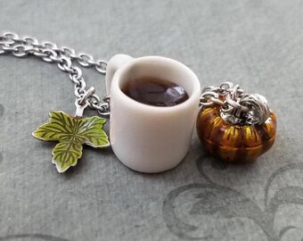 Pumpkin Spice Latte Necklace Pumpkin Spice Necklace Pumpkin Spice Coffee Necklace Green Maple Leaf Necklace Autumn Jewelry Pumpkin Necklace