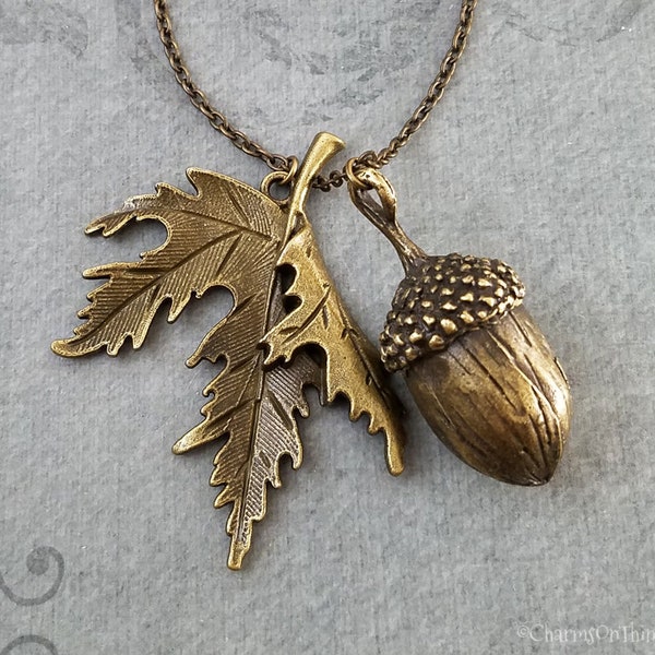 Acorn Necklace Maple Leaf Necklace Pendant Necklace Acorn Charm Necklace Bronze Necklace Bridesmaid Necklace Fall Jewelry Autumn Jewelry