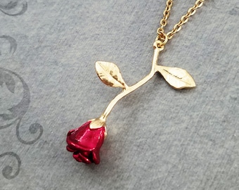Red Rose Necklace Rose Charm Necklace Rose Jewelry Rose Pendant Necklace Valentine's Day Anniversary Jewelry Girlfriend Necklace Bridesmaid