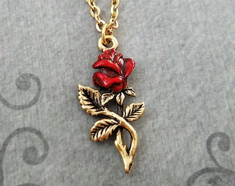Red Rose Necklace Rose Charm Necklace Rose Jewelry Rose Pendant Necklace Valentine's Day Anniversary Jewelry Girlfriend Necklace Bridesmaid