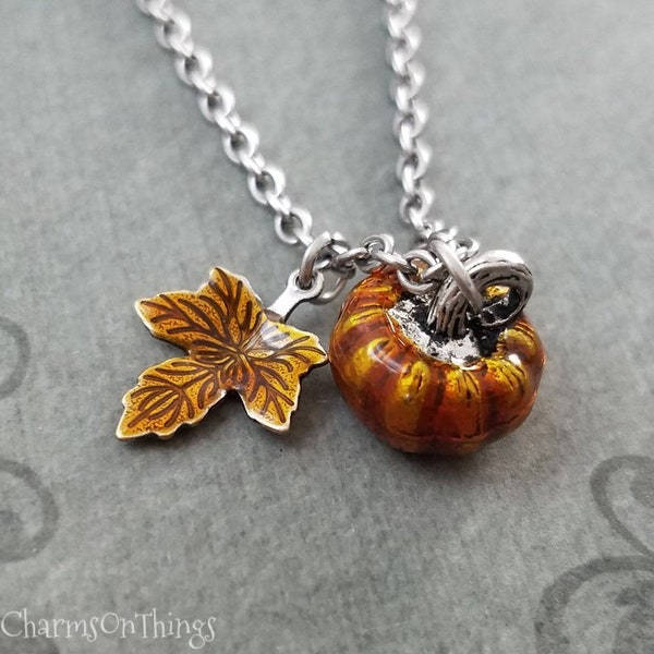 Pumpkin Necklace Orange Pumpkin Charm Necklace Orange Maple Leaf Necklace Leaf Jewelry Autumn Jewelry Fall Jewelry Halloween Necklace Gift