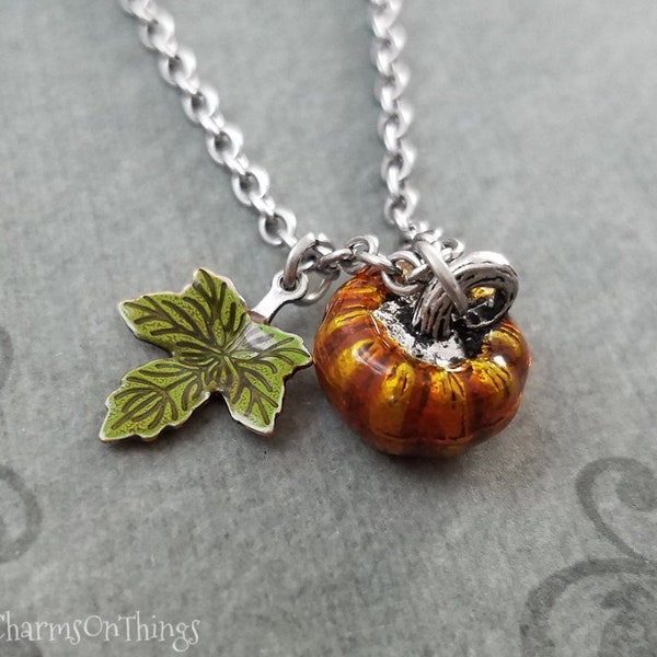 Pumpkin Necklace Orange Pumpkin Charm Necklace Green Maple Leaf Necklace Leaf Jewelry Autumn Jewelry Fall Jewelry Halloween Necklace Gift