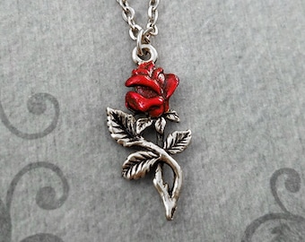 Red Rose Necklace Rose Charm Necklace Rose Jewelry Rose Pendant Necklace Valentine's Day Anniversary Jewelry Girlfriend Necklace Bridesmaid