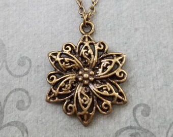 Flower Necklace Filigree Necklace Flower Charm Necklace Flower Pendant Necklace Bridesmaid Necklace Bronze Necklace Stocking Stuffer Gift