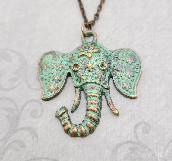 Elephant Necklace Elephant Pendant Necklace Blue Green Patina Elephant Charm Necklace Grecian Antiqued Elephant Jewelry Boho Gift for Her Etsy Polska