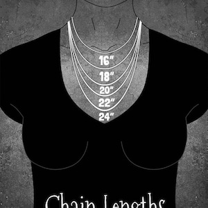 May include: Illustration showing necklace chain lengths. Five white necklaces of varying lengths are displayed on a black top. The lengths are labeled 16", 18", 20", 22", and 24". The text "Chain Lengths" is written in white at the bottom.