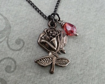 Black Rose Necklace, Rose Jewelry, Black Necklace, Valentine's Jewelry, Black Rose Pendant Necklace, Red Crystal Necklace, Gothic Jewelry