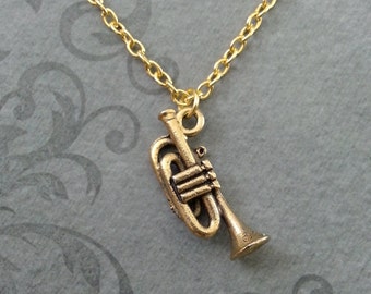 Trumpet Necklace, SMALL Trumpet Gift, Trumpet Jewelry, Gold Trumpet Pendant, Band Gift, Musician Gift, Music Jewelry Jazz Gift Jazz Necklace