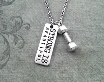 Strong Is Beautiful Necklace VERY SMALL Dumbbell Necklace Dumbbell Jewelry Exercise Gift Exercise Necklace Workout Gift Weight Loss Gift