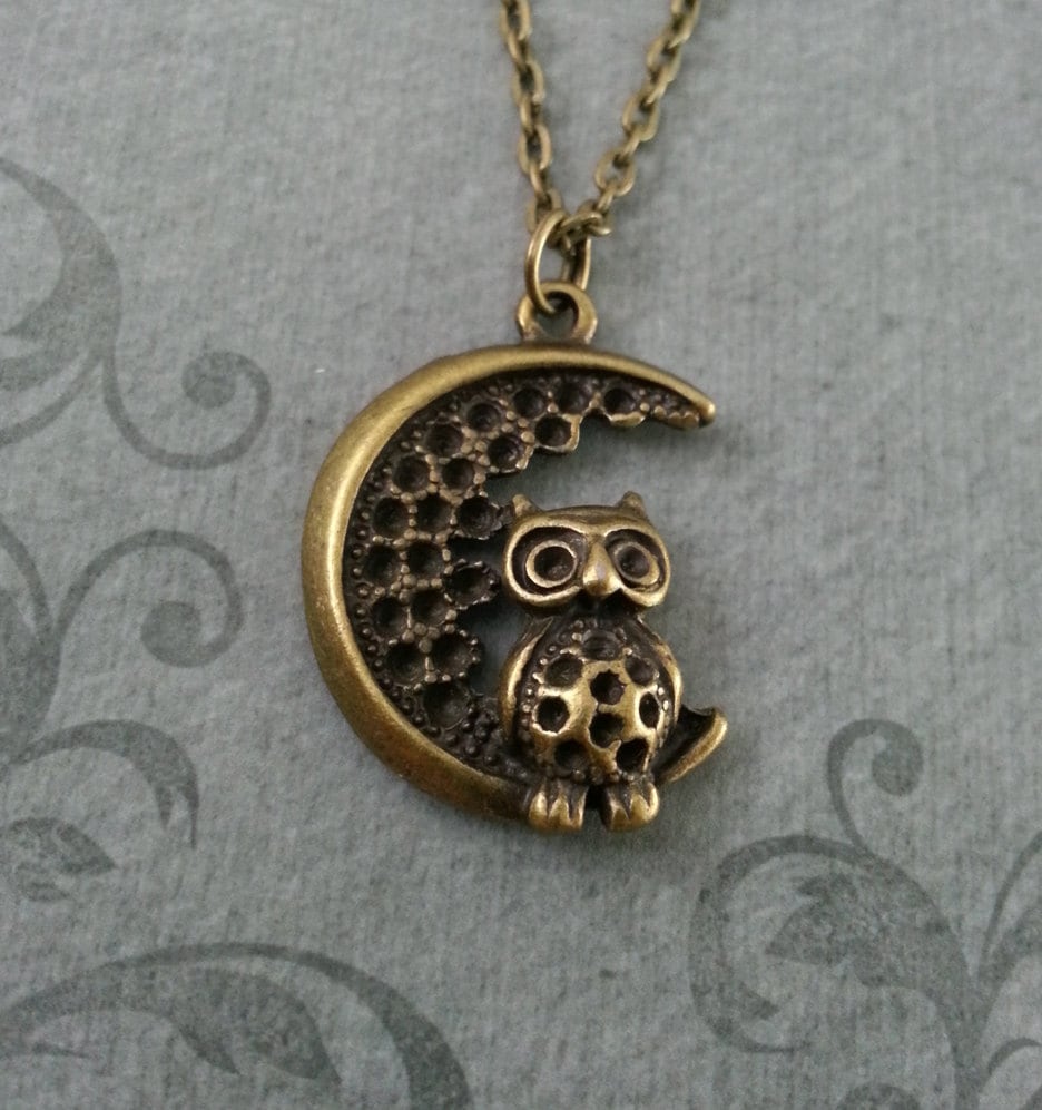 Owl Necklace, Owl Jewelry, Owl Pendant, Owl and Moon Necklace, Owl on the Moon, Moon Jewelry, Charm 