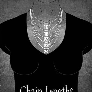 May include: A black and white illustration of a person wearing a black shirt with a chain necklace. The necklace is shown in different lengths, labeled 16", 18", 20", 22", and 24". The text "Chain Lengths" is below the illustration.