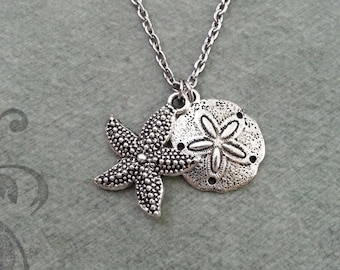 Sand Dollar Necklace SMALL Starfish Necklace Silver Necklace Sand Dollar Charm Necklace Starfish Jewelry Beach Necklace Ocean Necklace
