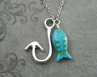 Fishhook Necklace Blue Fish Necklace Howlite Necklace Fishing Necklace Fish Jewelry Fishing Gift Fish Necklace Engagement Gift Couples Gift