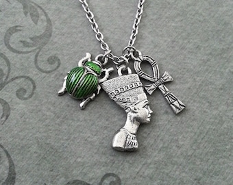 Nefertiti Necklace SMALL Nefertiti Jewelry Egyptian Necklace Egyptian Jewelry Scarab Necklace Ankh Necklace Green Scarab Beetle Jewelry