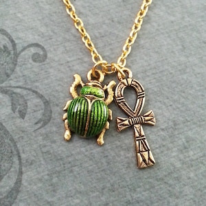 Ankh Necklace SMALL Ankh Jewelry Egyptian Necklace Egyptian Jewelry Scarab Necklace Gold Necklace Green Scarab Beetle Bridesmaid Necklace