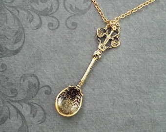 Vintage Spoon Necklace LARGE Victorian Spoon Jewelry Gold Necklace Antique Spoon Charm Necklace Bridesmaid Necklace Mother's Day Necklace