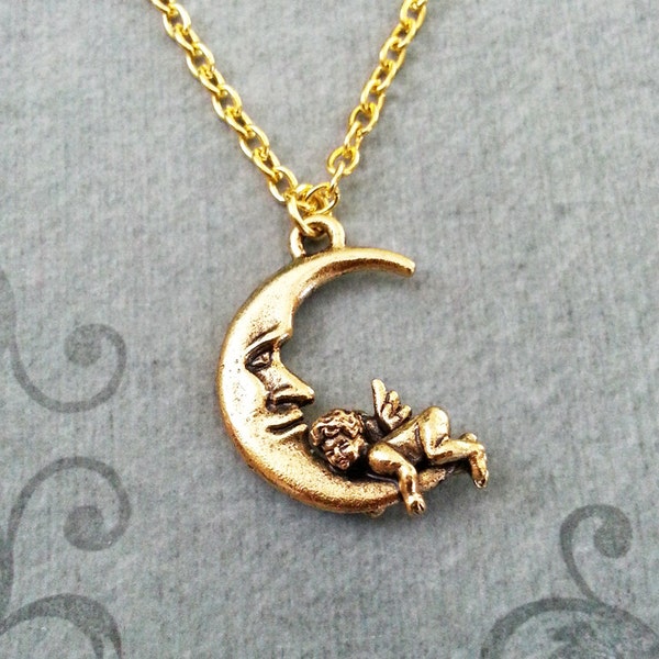 Man in the Moon Necklace Moon Jewelry Gold Moon Charm Necklace Moon Pendant Necklace Cherub Necklace Baby Angel Necklace Angel Jewelry