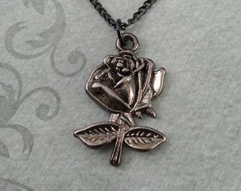 Black Rose Necklace, Rose Jewelry, Black Necklace, Valentine's Day Jewelry, Black Rose Pendant Necklace, Rose Charm Necklace, Gothic Jewelry
