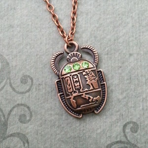 Scarab Beetle Necklace Scarab Jewelry Green Eyed Scarab Charm Necklace Copper Scarab Pendant Necklace Egyptian Jewelry Hieroglyphic Necklace
