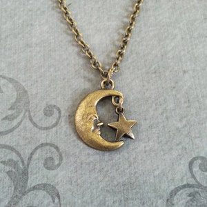 Moon Necklace SMALL Man in the Moon Jewelry Bronze Moon Charm Necklace Moons and Stars Jewelry Star Necklace Brass Moon Pendant Necklace