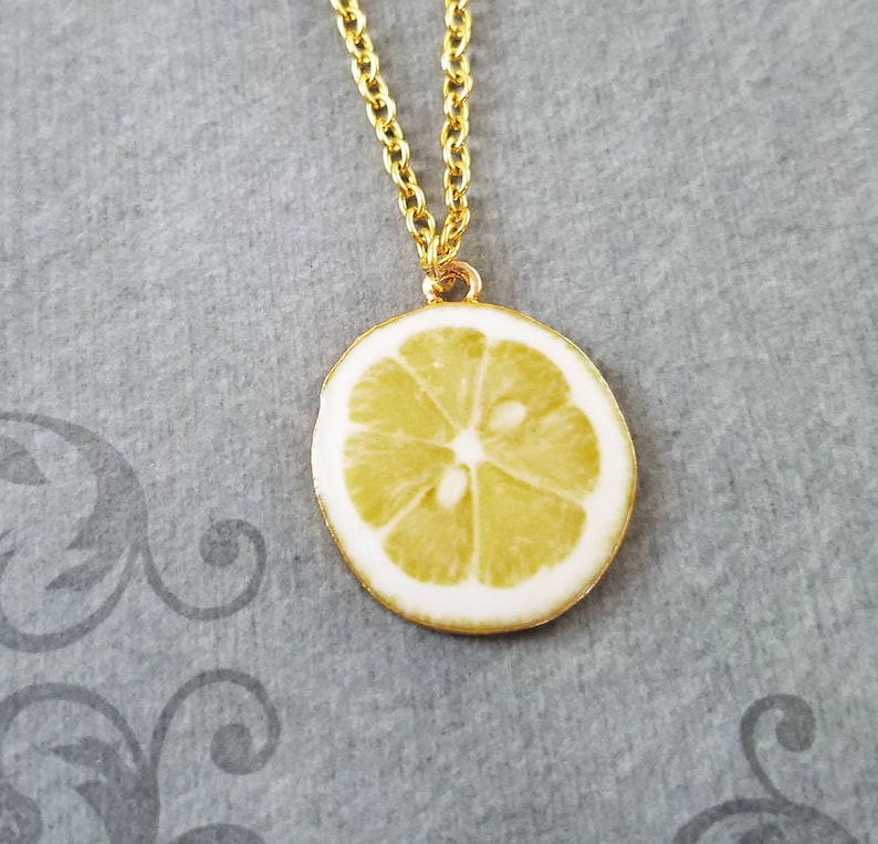 Lemon Necklace Lemon Jewelry Lemon Slice Charm Necklace Yellow Etsy