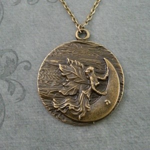 Moon Fairy Necklace LARGE Fairy Jewelry Brass Fairy Pendant Necklace Brass Fantasy Necklace Fairy Pendant Necklace Moon Medallion Necklace