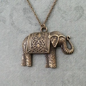 Elephant Necklace LARGE Elephant Jewelry Bronze Elephant Pendant Necklace Indian Elephant Charm Necklace Ornamental Engraved Carved Elephant