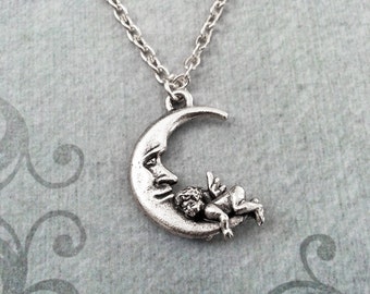 Man in the Moon Necklace Moon Jewelry Silver Moon Charm Necklace Moon Pendant Necklace Cherub Necklace Baby Angel Necklace Angel Jewelry