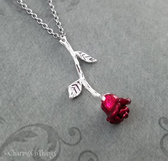 Red Rose Necklace Rose Charm Necklace Rose Jewelry Rose Etsy