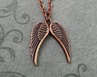 Angel Wings Necklace, Angel Jewelry, Wing Pendant, Angel Necklace, Stocking Stuffer, Angel Charm Necklace, Copper Jewelry, Memorial Gift