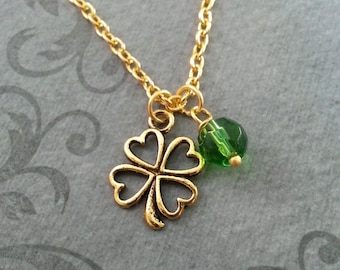 Four Leaf Clover Necklace, SMALL Gold Clover Pendant Necklace St. Patrick's Day Gift Lucky Necklace St Patrick's Necklace Green Gem Necklace