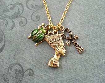 Nefertiti Necklace SMALL Nefertiti Jewelry Egyptian Necklace Egyptian Jewelry Scarab Necklace Gold Ankh Necklace Green Scarab Beetle Jewelry