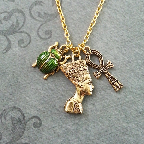 Nefertiti Necklace SMALL Nefertiti Jewelry Egyptian Necklace Egyptian Jewelry Scarab Necklace Gold Ankh Necklace Green Scarab Beetle Jewelry