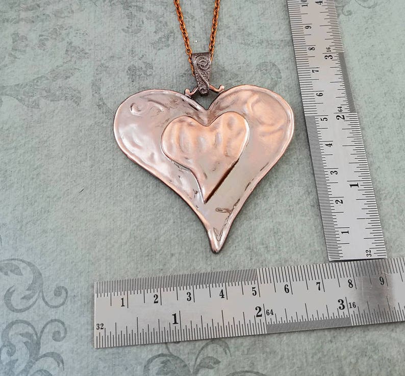 Heart Necklace LARGE Copper Heart Jewelry Statement Necklace Girlfriend Necklace Heart Charm Necklace Heart Pendant Necklace Wife GIft image 2