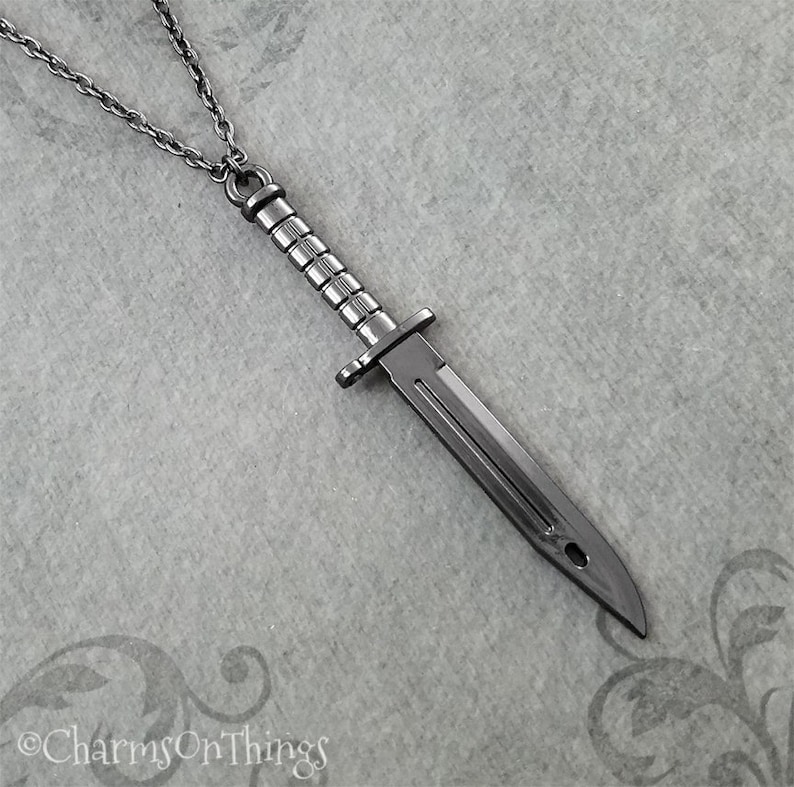 Knife Necklace Gunmetal Dagger Necklace Combat Knife Charm Etsy