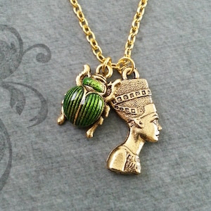 Nefertiti Necklace SMALL Nefertiti Jewelry Egyptian Necklace Egyptian Jewelry Scarab Necklace Gold Nefertiti Pendant Green Scarab Beetle
