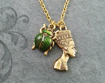 Nefertiti Necklace SMALL Nefertiti Jewelry Egyptian Necklace Egyptian Jewelry Scarab Necklace Gold Nefertiti Pendant Green Scarab Beetle